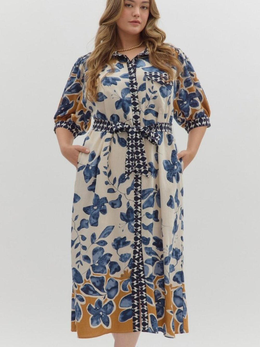 NWT Entro Slate Blue Botanical Midi Shirt Dress with Tie Waist (Plus Sizes) - Picture 2 of 7